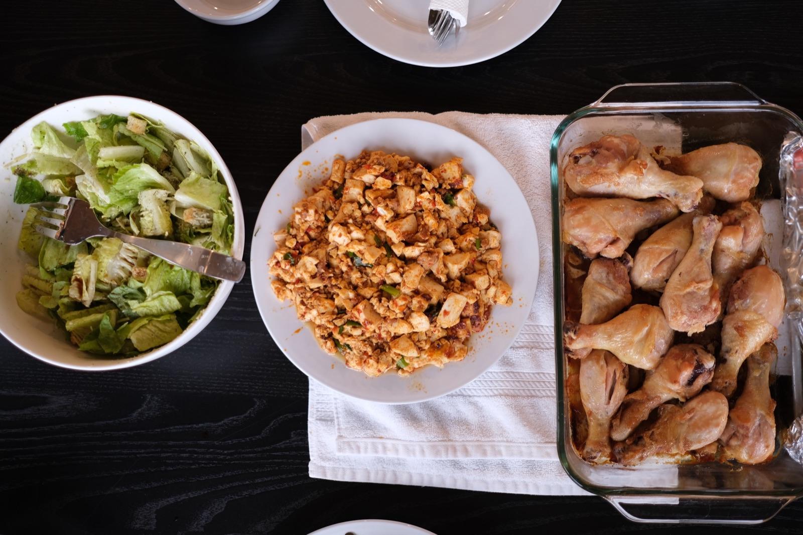Food laid out for a shared offsite dinner