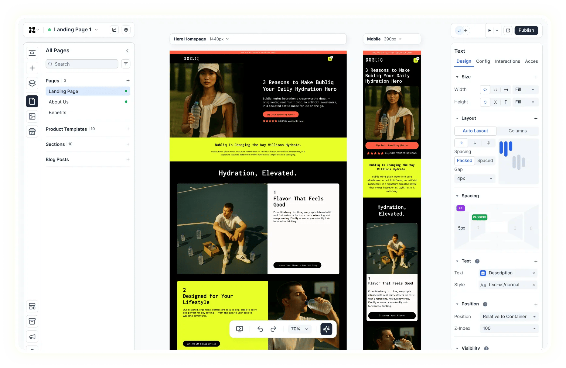 Replo theme builder editor showing a Shopify landing page being assembled