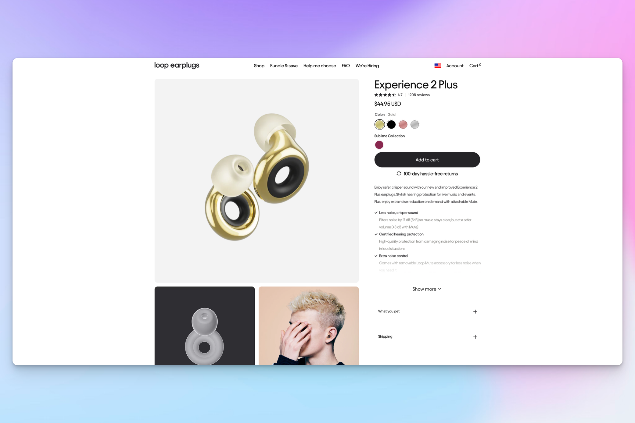 A product page for Loop Experience 2 Plus earplugs in gold, featuring a sleek circular design with black inner rings and beige ear tips.