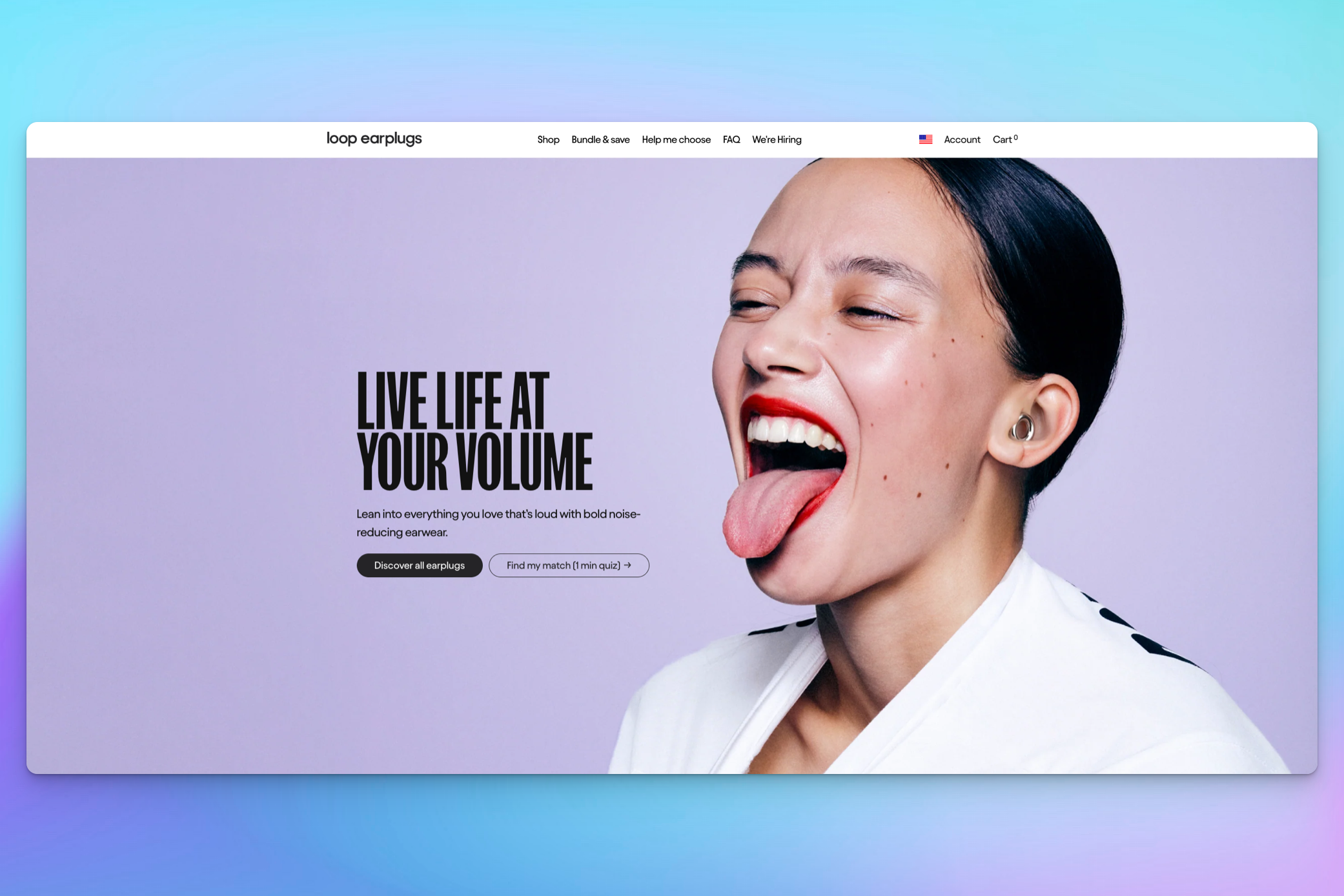 A woman wearing Loop earplugs sticks out her tongue playfully, with bold red lipstick, against a soft purple background. The text reads, "Live life at your volume."